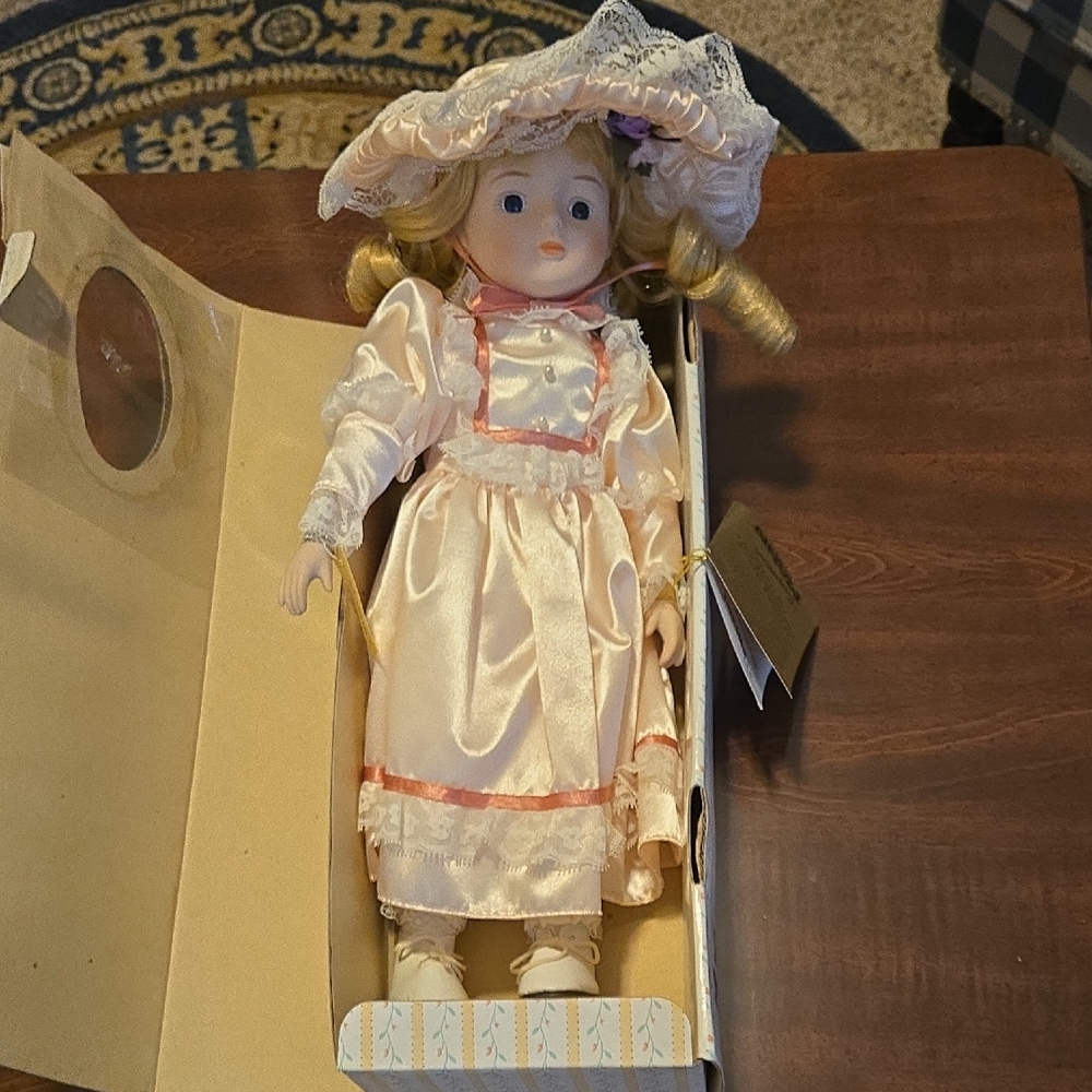 Porcelain Doll in Pink Dress with Hat